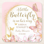 蝶々が赤ちゃんシャワーを浴びる途中にある スクエアペーパーコースター (正面)