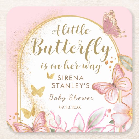 蝶々が赤ちゃんシャワーを浴びる途中にある スクエアペーパーコースター (正面)