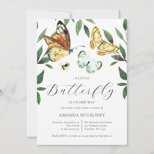 蝶々が赤ちゃんシャワーを浴びる途中にある 招待状 (正面)