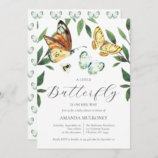 蝶々が赤ちゃんシャワーを浴びる途中にある 招待状 (正面/裏面)