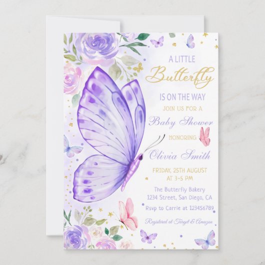 蝶々が赤ちゃんシャワーを浴びる途中にある 招待状 (正面)