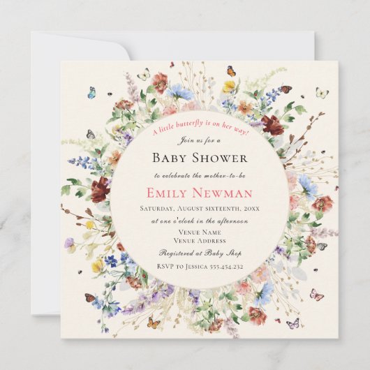 蝶々が赤ちゃんシャワーを浴びる途中にある 招待状 (正面)