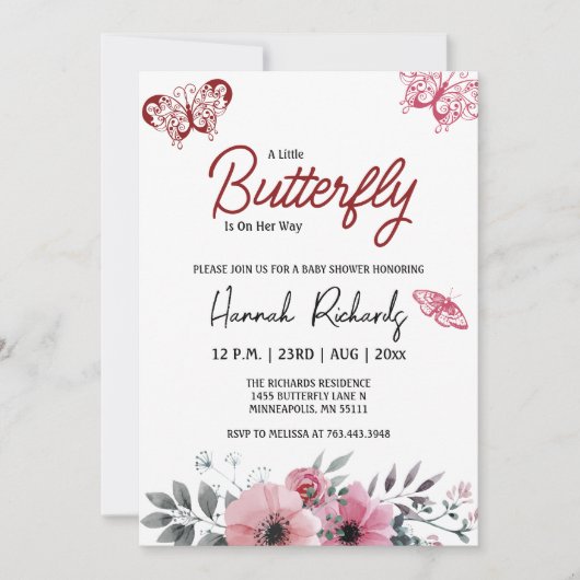 蝶々が赤ちゃんシャワーを浴びる途中にある 招待状 (正面)