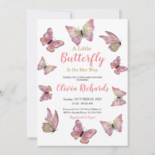 蝶々が赤ちゃんシャワーを浴びる途中にある 招待状 (正面)