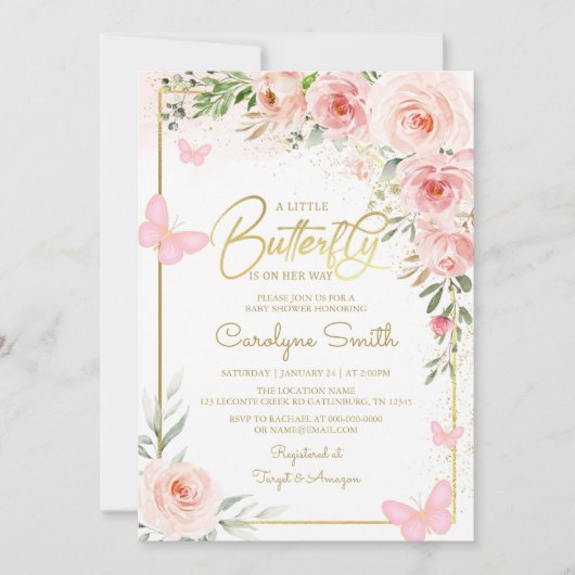 蝶々が赤ちゃんシャワーを浴びる途中にある 招待状 (正面)