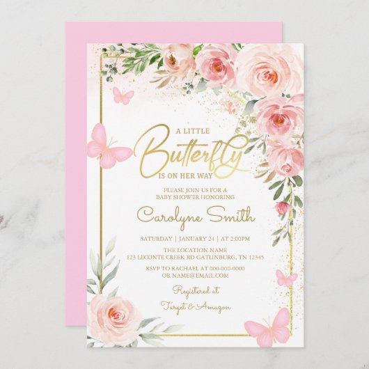 蝶々が赤ちゃんシャワーを浴びる途中にある 招待状 (正面/裏面)