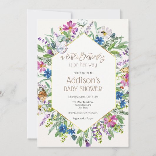 蝶々が赤ちゃんシャワーを浴びる 招待状 (正面)