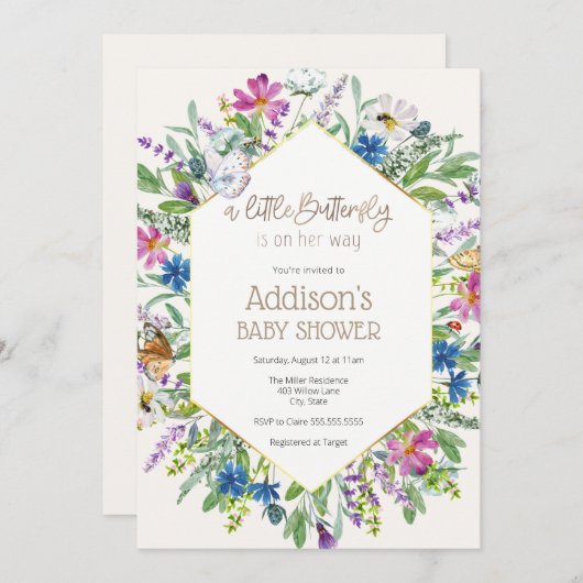 蝶々が赤ちゃんシャワーを浴びる 招待状 (正面/裏面)