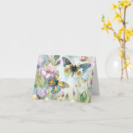 蝶々とワイルドフラワーの牧場の折りたたみグリーティングカード カード (黄色い花)