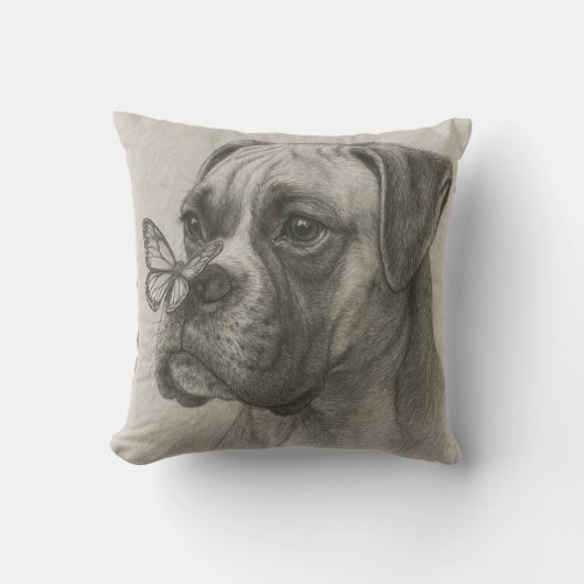 蝶々と出会うボクサー犬 クッション (正面)