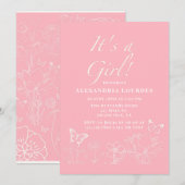 蝶々と花のピンクと白の女の子のベビーシャワー 招待状 (正面/裏面)