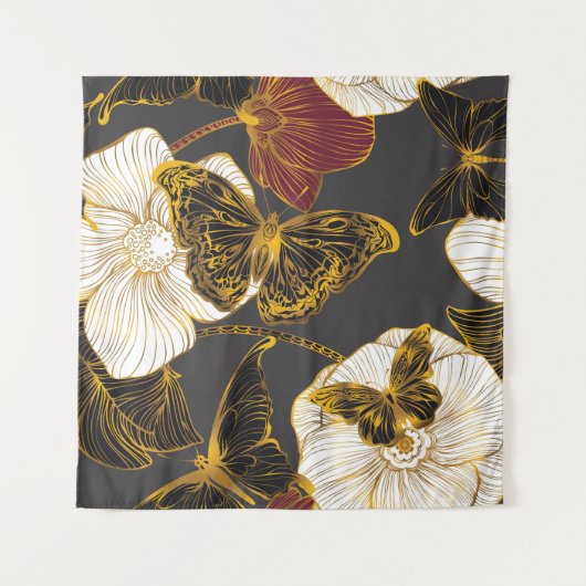 蝶々と花：春のボーホーパターン タペストリー (正面)