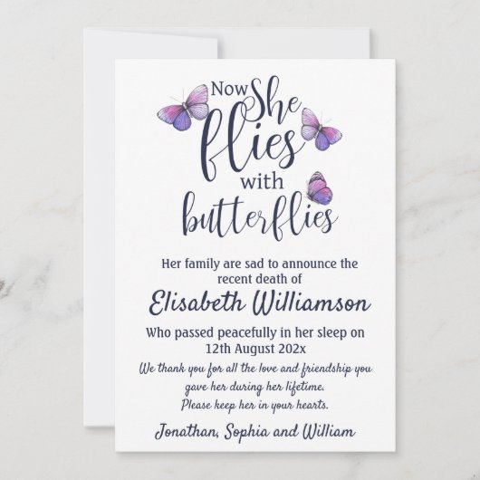 蝶々に対する葬式の告知 案内状 (正面)