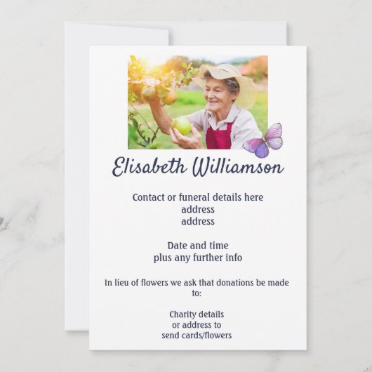 蝶々に対する葬式の告知 案内状 (裏面)