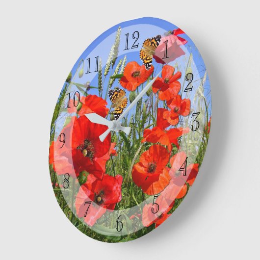 蝶々のいるポピー畑 ラージ壁時計 (傾斜)