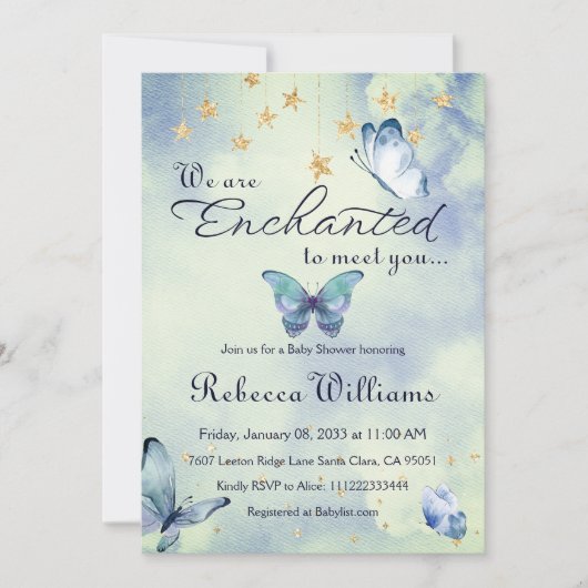 蝶々の赤ちゃんシャワーに会えて魅了されている 招待状 (正面)