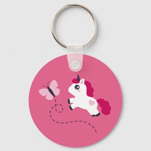 蝶々を描いたかわいい白い一角獣 キーホルダー (正面)