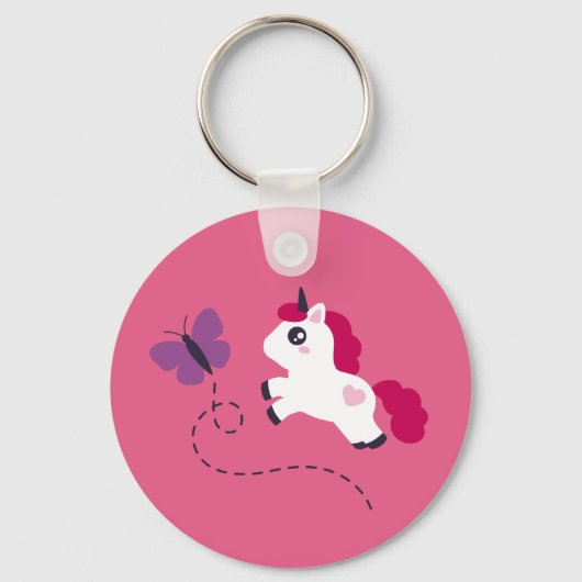 蝶々を描いたかわいい白い一角獣 キーホルダー (正面)