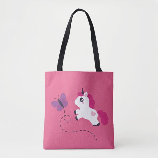 蝶々を描いたかわいい白い一角獣 トートバッグ (正面)