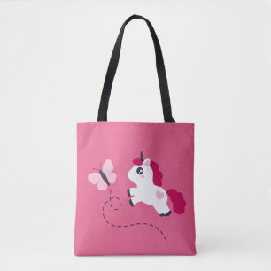蝶々を描いたかわいい白い一角獣 トートバッグ