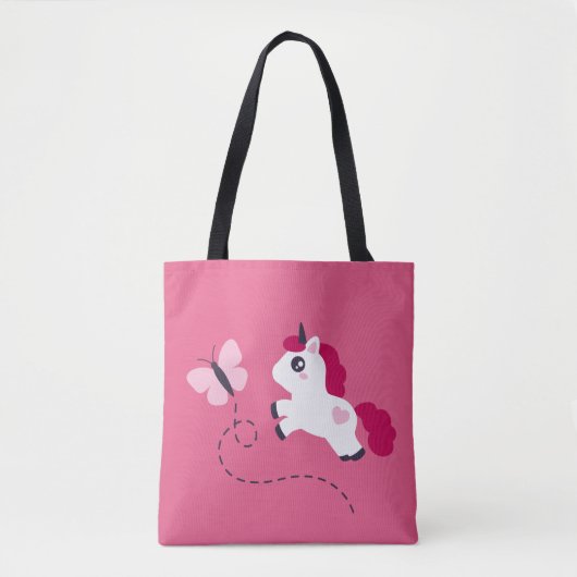 蝶々を描いたかわいい白い一角獣 トートバッグ (正面)