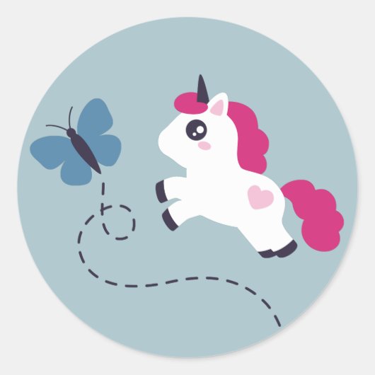蝶々を描いたかわいい白い一角獣 ラウンドシール (正面)