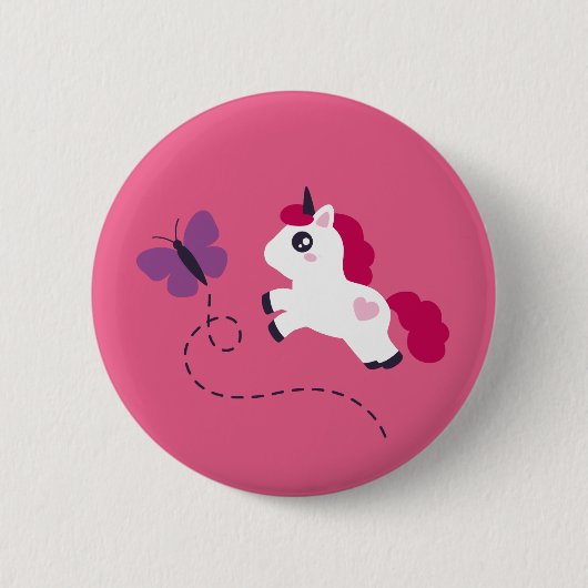 蝶々を描いたかわいい白い一角獣 缶バッジ (正面)
