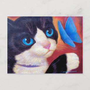 蝶々を追うタキシード絵を描猫はがき ポストカード