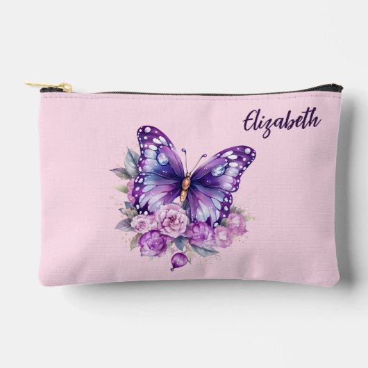 蝶々ピンクの紫色の花 アクセサリーポーチ (正面)