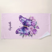 蝶々ピンクの紫色の花 ビーチタオル (正面)