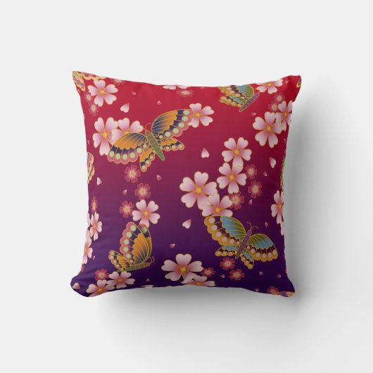 蝶々日本のが花の中で赤 クッション (正面)