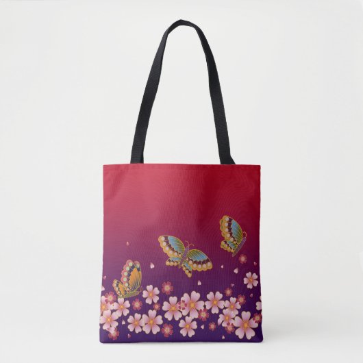 蝶々日本のが花の中で赤 トートバッグ (正面)