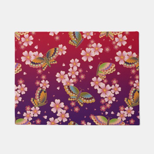 蝶々日本のが花の中で赤 ドアマット (正面)