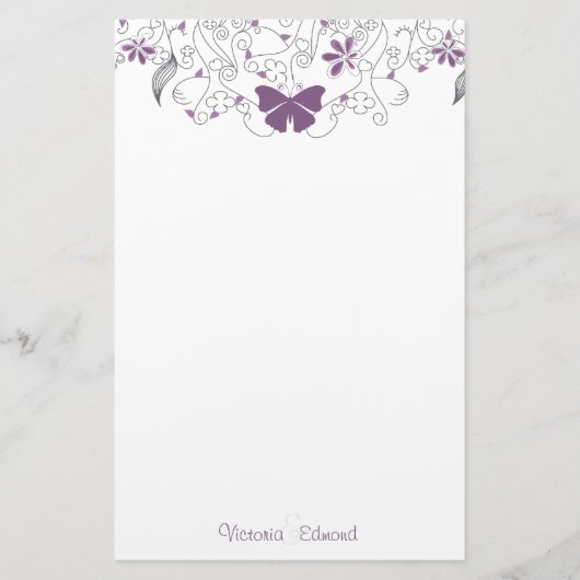 蝶々紫の白い文房具パーソナライズされた(Butterfly Purple Whimsy Statio 便箋 (正面)