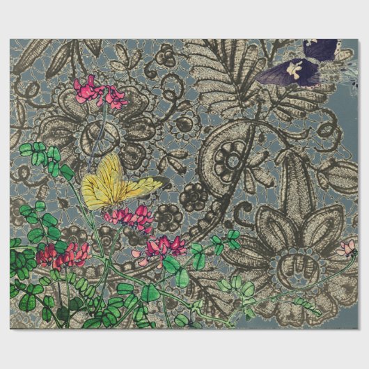 蝶およびアンティークレース模様ギフトラッピング ラッピングペーパー (フラット)