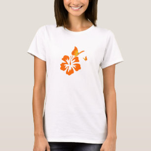 蝶および花のオレンジ Tシャツ