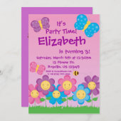 蝶および花の誕生日のパーティの招待状 招待状 (正面/裏面)