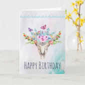 蝶および花の誕生日のBohoのスカル カード (黄色い花)