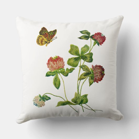 蝶および赤いクローバーのフェイクな刺繍の枕 クッション (裏面)