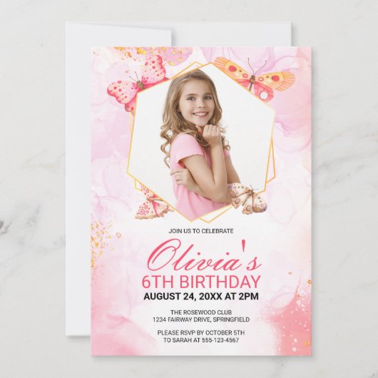 蝶お洒落キスガールフォト誕生日 招待状 (正面)