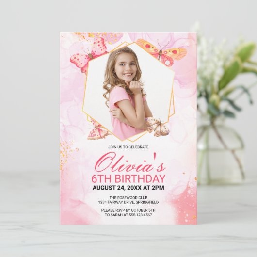 蝶お洒落キスガールフォト誕生日 招待状 (スタンド正面)
