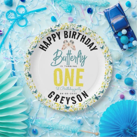 蝶お洒落フローラ第1誕生日 ペーパープレート (パーティー)