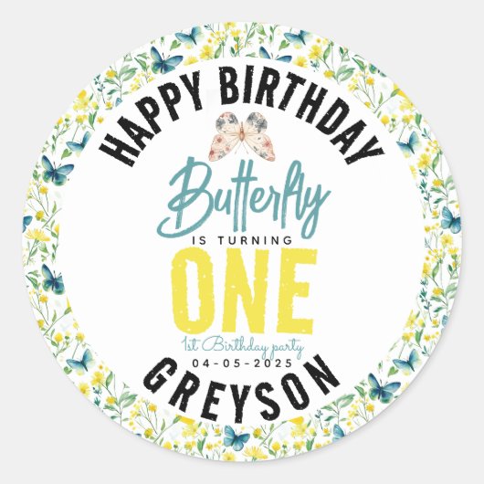 蝶お洒落フローラ第1誕生日 ラウンドシール (正面)