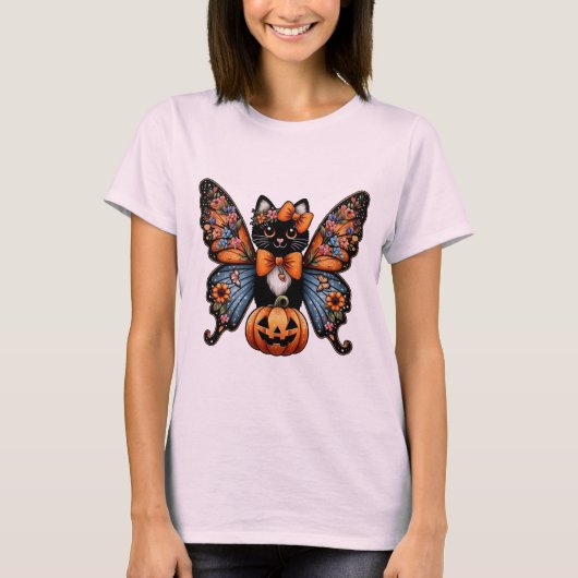 蝶お洒落翼とカボチャを持つ猫 Tシャツ (正面)
