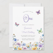 蝶かわいい写真1誕生日ワイルドフラワー 招待状 (正面)