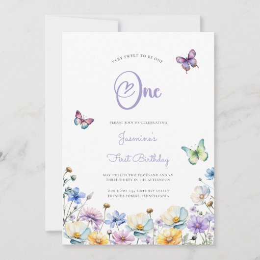 蝶かわいい写真1誕生日ワイルドフラワー 招待状 (正面)