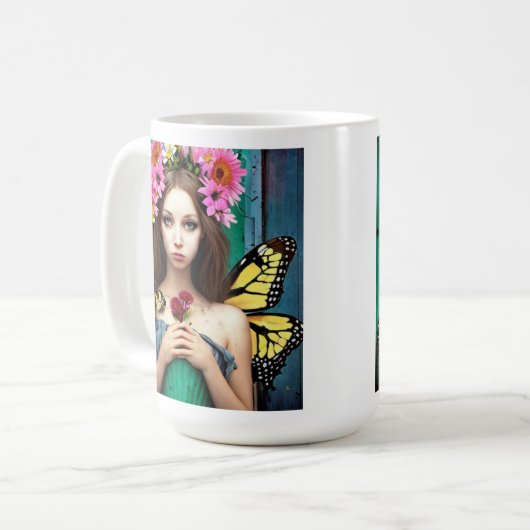 蝶かわいらしと花を持つ少女 コーヒーマグカップ (正面左)