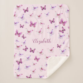 蝶かわいらしピンクと紫の少女 シェルパブランケット