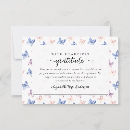 蝶かわいらし薄紫ブルー悔やみや弔慰葬儀 サンキューカード (正面)