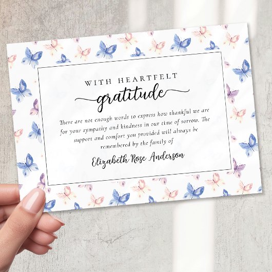蝶かわいらし薄紫ブルー悔やみや弔慰葬儀 サンキューカード